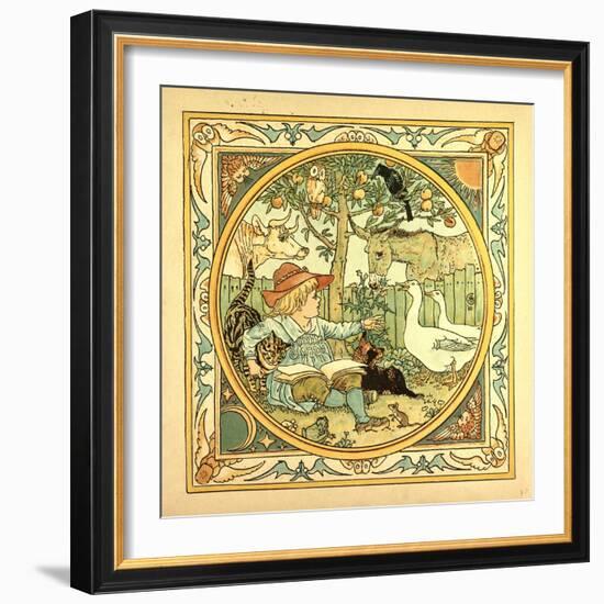 A Child Surrounded by a Cat Donkey Geese a Raven a Mouse a Frog an Owl and a Cow-null-Framed Giclee Print