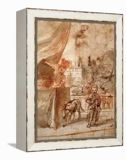 A Child with a Dog and A Young Man on a Terrace pen and ink-Pier Francesco Mola-Framed Premier Image Canvas