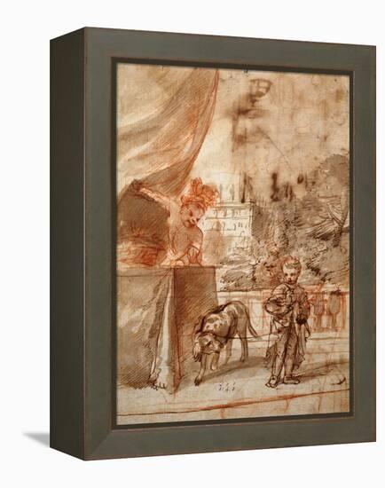 A Child with a Dog and A Young Man on a Terrace pen and ink-Pier Francesco Mola-Framed Premier Image Canvas