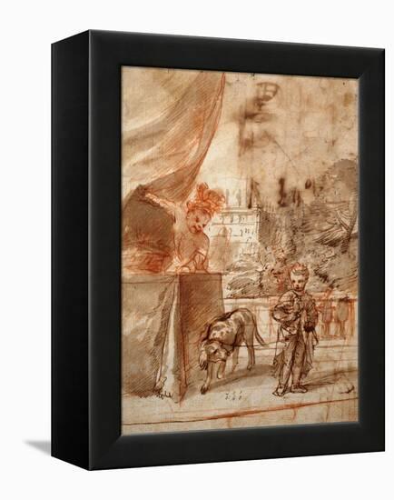 A Child with a Dog and A Young Man on a Terrace pen and ink-Pier Francesco Mola-Framed Premier Image Canvas