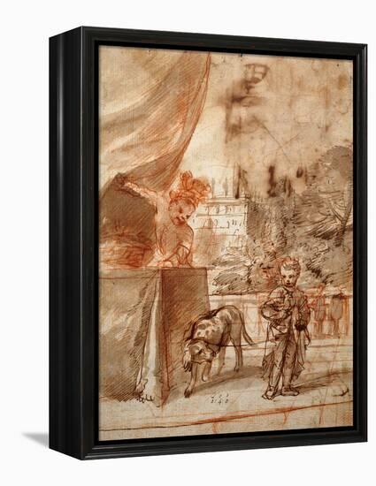 A Child with a Dog and A Young Man on a Terrace pen and ink-Pier Francesco Mola-Framed Premier Image Canvas