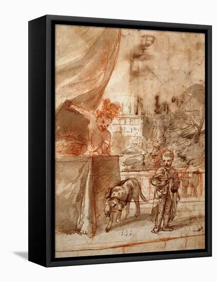 A Child with a Dog and A Young Man on a Terrace pen and ink-Pier Francesco Mola-Framed Premier Image Canvas