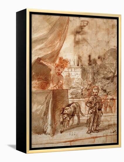 A Child with a Dog and A Young Man on a Terrace pen and ink-Pier Francesco Mola-Framed Premier Image Canvas