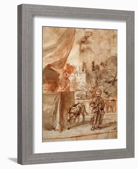 A Child with a Dog and A Young Man on a Terrace pen and ink-Pier Francesco Mola-Framed Giclee Print