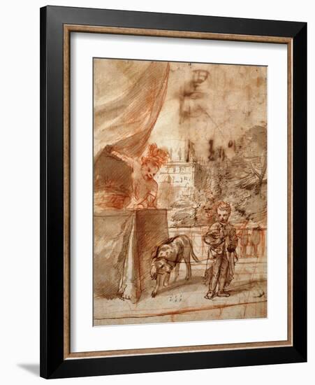 A Child with a Dog and A Young Man on a Terrace pen and ink-Pier Francesco Mola-Framed Giclee Print