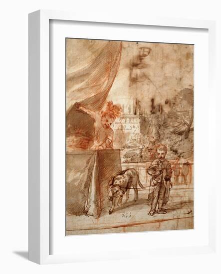 A Child with a Dog and A Young Man on a Terrace pen and ink-Pier Francesco Mola-Framed Giclee Print