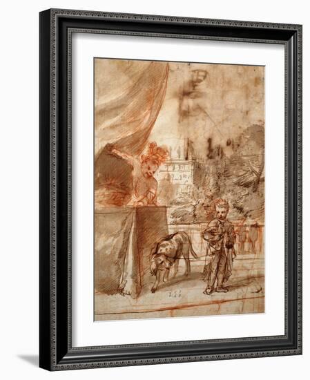 A Child with a Dog and A Young Man on a Terrace pen and ink-Pier Francesco Mola-Framed Giclee Print