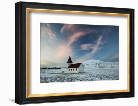 A church in the winter in western Iceland at sunset.-Alex Saberi-Framed Photographic Print