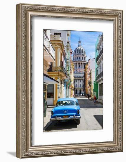 A Classic Car Parked on Street Next to Colonial Buildings with Former Parliament Building-Sean Cooper-Framed Photographic Print