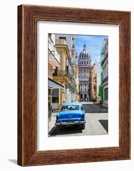 A Classic Car Parked on Street Next to Colonial Buildings with Former Parliament Building-Sean Cooper-Framed Photographic Print