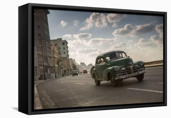 A classic Chevrolet car on the Malecon in Havana, Cuba.-Alex Saberi-Framed Premier Image Canvas