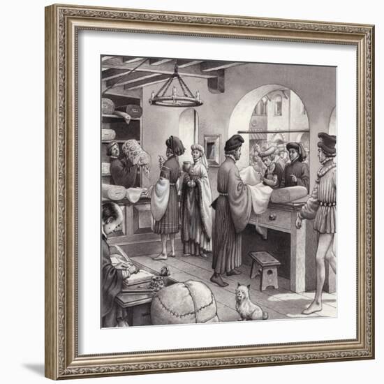 A Cloth Merchant's Shop in Renaissance Italy-Pat Nicolle-Framed Giclee Print