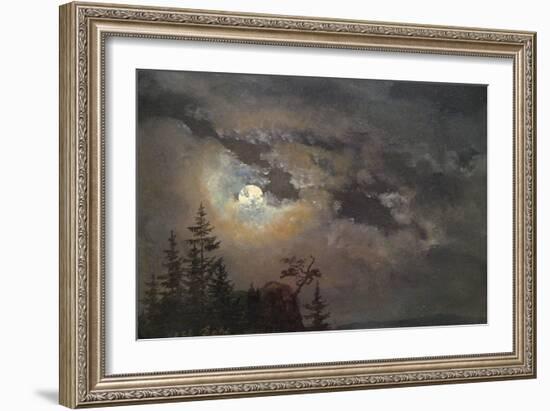 A Cloud and Landscape Study by Moonlight-Johan Christian Clausen Dahl-Framed Art Print