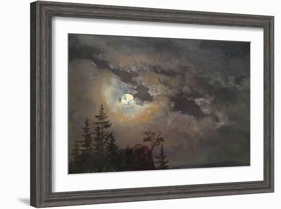 A Cloud and Landscape Study by Moonlight-Johan Christian Clausen Dahl-Framed Art Print