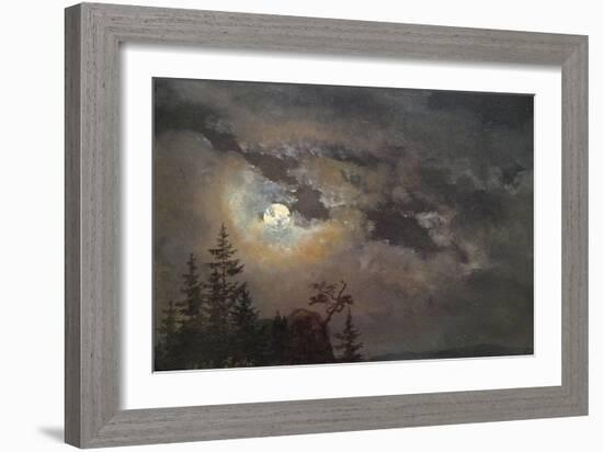 A Cloud and Landscape Study by Moonlight-Johan Christian Clausen Dahl-Framed Art Print