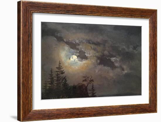 A Cloud and Landscape Study by Moonlight-Johan Christian Clausen Dahl-Framed Art Print