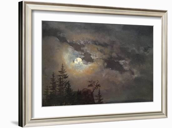 A Cloud and Landscape Study by Moonlight-Johan Christian Clausen Dahl-Framed Art Print