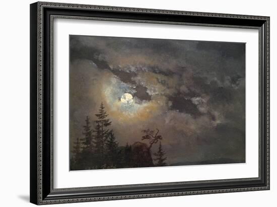 A Cloud and Landscape Study by Moonlight-Johan Christian Clausen Dahl-Framed Art Print