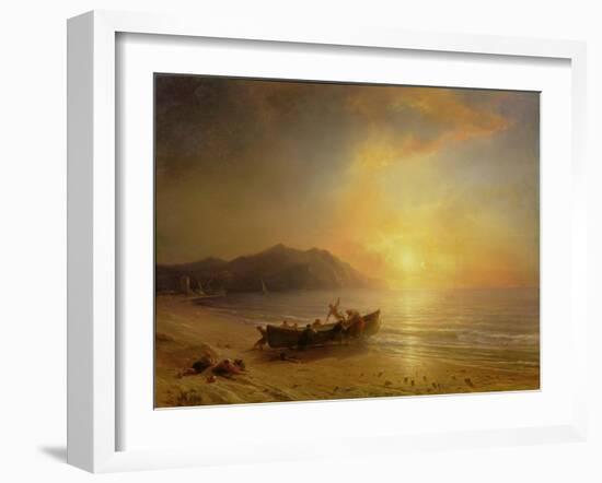 A Coastal Landscape with Arab Fishermen Launching a Boat at Sunset-Jean Antoine Theodore Gudin-Framed Giclee Print