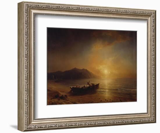 A Coastal Landscape with Arab Fishermen Launching a Boat at Sunset-Jean Antoine Theodore Gudin-Framed Giclee Print