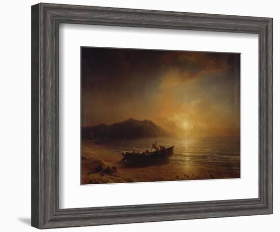 A Coastal Landscape with Arab Fishermen Launching a Boat at Sunset-Jean Antoine Theodore Gudin-Framed Giclee Print