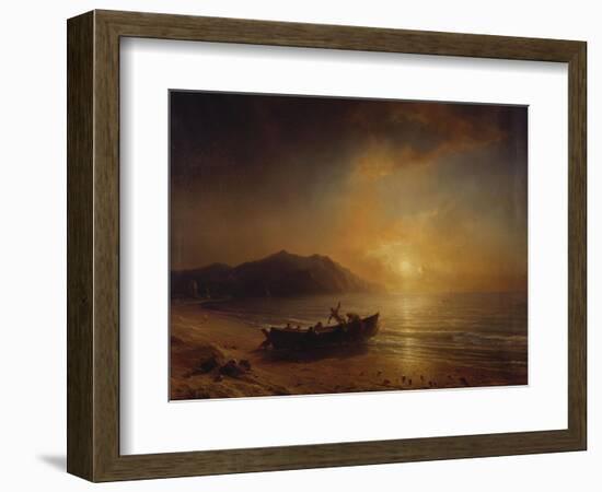 A Coastal Landscape with Arab Fishermen Launching a Boat at Sunset-Jean Antoine Theodore Gudin-Framed Giclee Print