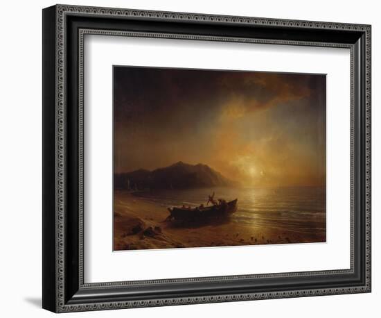 A Coastal Landscape with Arab Fishermen Launching a Boat at Sunset-Jean Antoine Theodore Gudin-Framed Giclee Print