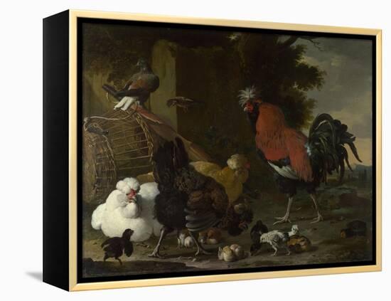 A Cock, Hens and Chicks, Ca 1668-1670-Melchior de Hondecoeter-Framed Premier Image Canvas