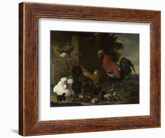 A Cock, Hens and Chicks, Ca 1668-1670-Melchior de Hondecoeter-Framed Giclee Print