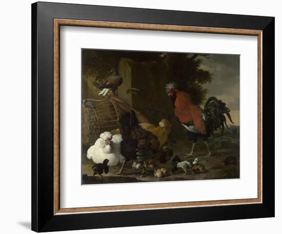 A Cock, Hens and Chicks, Ca 1668-1670-Melchior de Hondecoeter-Framed Giclee Print
