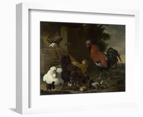 A Cock, Hens and Chicks, Ca 1668-1670-Melchior de Hondecoeter-Framed Giclee Print