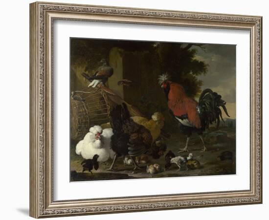 A Cock, Hens and Chicks, Ca 1668-1670-Melchior de Hondecoeter-Framed Giclee Print