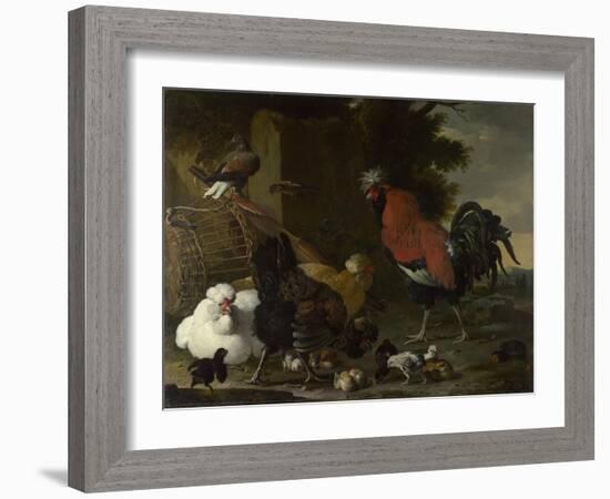 A Cock, Hens and Chicks, Ca 1668-1670-Melchior de Hondecoeter-Framed Giclee Print