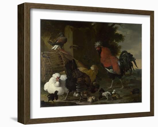 A Cock, Hens and Chicks, Ca 1668-1670-Melchior de Hondecoeter-Framed Giclee Print