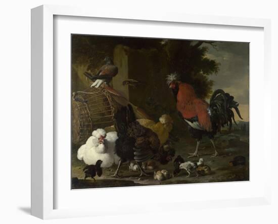 A Cock, Hens and Chicks, Ca 1668-1670-Melchior de Hondecoeter-Framed Giclee Print