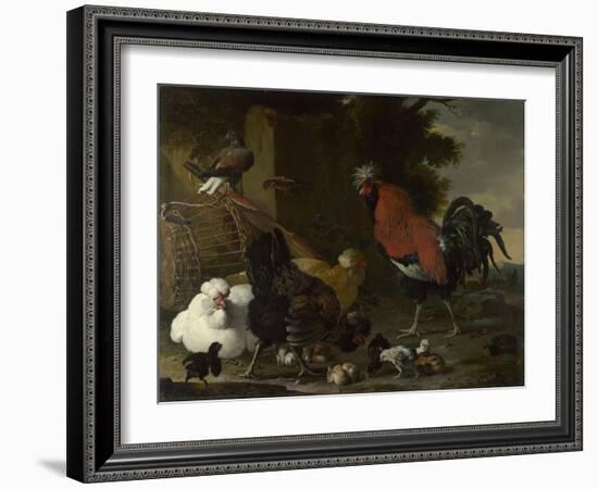 A Cock, Hens and Chicks, Ca 1668-1670-Melchior de Hondecoeter-Framed Giclee Print