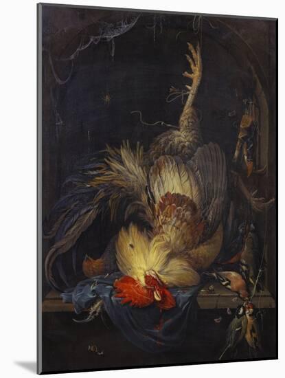 A Cockerel, a Partridge, Powder Horns, a Kingfisher and Song-Birds Hanging in a Niche, with a…-Abraham Mignon-Mounted Giclee Print