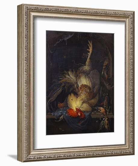 A Cockerel, a Partridge, Powder Horns, a Kingfisher and Song-Birds Hanging in a Niche, with a…-Abraham Mignon-Framed Giclee Print