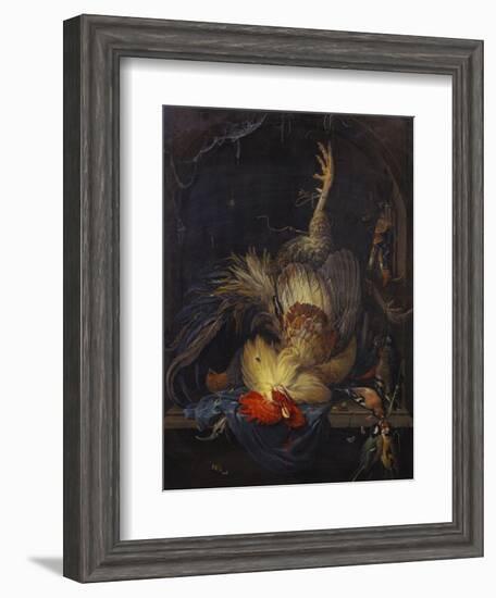 A Cockerel, a Partridge, Powder Horns, a Kingfisher and Song-Birds Hanging in a Niche, with a…-Abraham Mignon-Framed Giclee Print