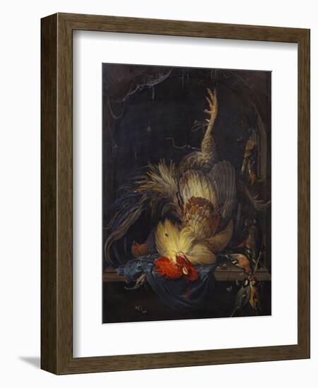 A Cockerel, a Partridge, Powder Horns, a Kingfisher and Song-Birds Hanging in a Niche, with a…-Abraham Mignon-Framed Giclee Print