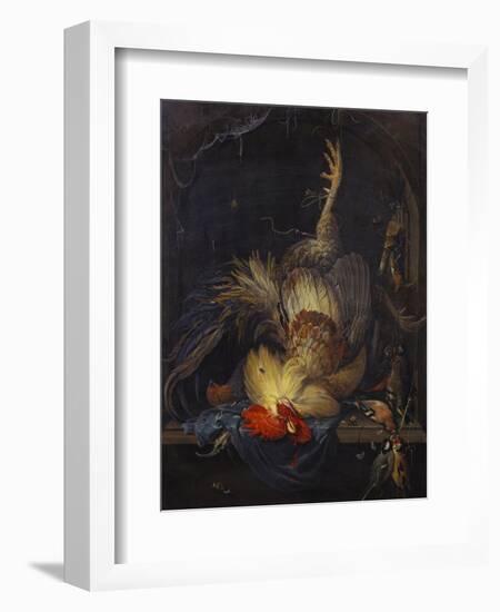 A Cockerel, a Partridge, Powder Horns, a Kingfisher and Song-Birds Hanging in a Niche, with a…-Abraham Mignon-Framed Giclee Print