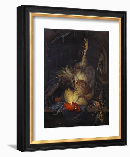A Cockerel, a Partridge, Powder Horns, a Kingfisher and Song-Birds Hanging in a Niche, with a…-Abraham Mignon-Framed Giclee Print