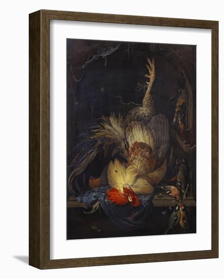 A Cockerel, a Partridge, Powder Horns, a Kingfisher and Song-Birds Hanging in a Niche, with a…-Abraham Mignon-Framed Giclee Print