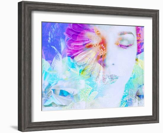 A Collage of Close-Up Portraits Layered with Flowers in Rainbow Colors-Alaya Gadeh-Framed Photographic Print