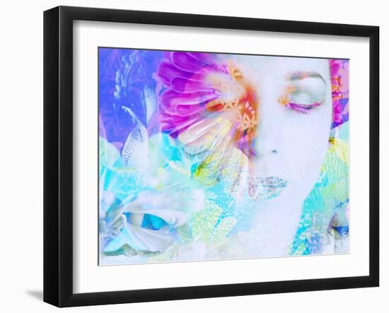 A Collage of Close-Up Portraits Layered with Flowers in Rainbow Colors-Alaya Gadeh-Framed Photographic Print