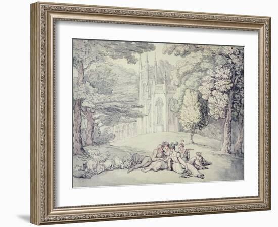 A College Green with a Group of Damsels and Young Gentlemen in the Foreground-Thomas Rowlandson-Framed Giclee Print