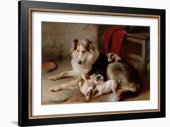 A Collie with Fox Terrier Puppies, 1913-Walter Hunt-Framed Giclee Print