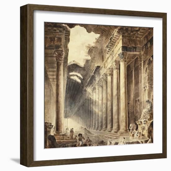 A Colonnaded Thermal Building, with Girls Washing Clothes at a Fountain Below a Statue-Hubert Robert-Framed Giclee Print