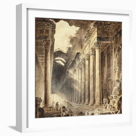 A Colonnaded Thermal Building, with Girls Washing Clothes at a Fountain Below a Statue-Hubert Robert-Framed Giclee Print