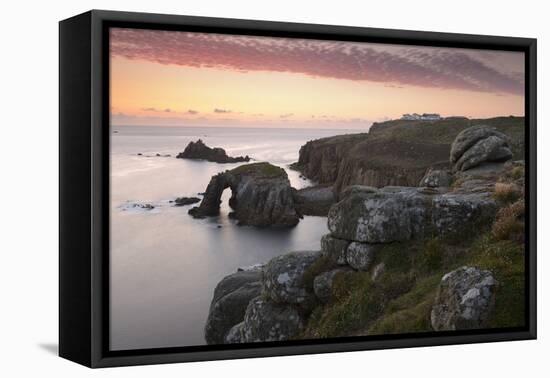 A colourful sunset overlooking the islands of Enys Dodnan and the Armed Knight at Lands End, Cornwa-Stephen Spraggon-Framed Premier Image Canvas